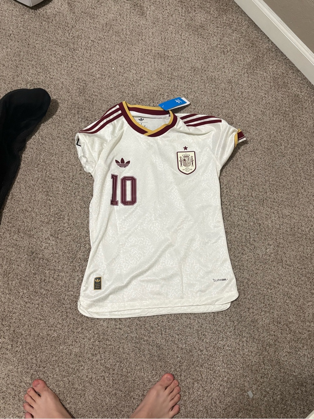 adidas White Spain Soccer Jersey with Maroon Accents